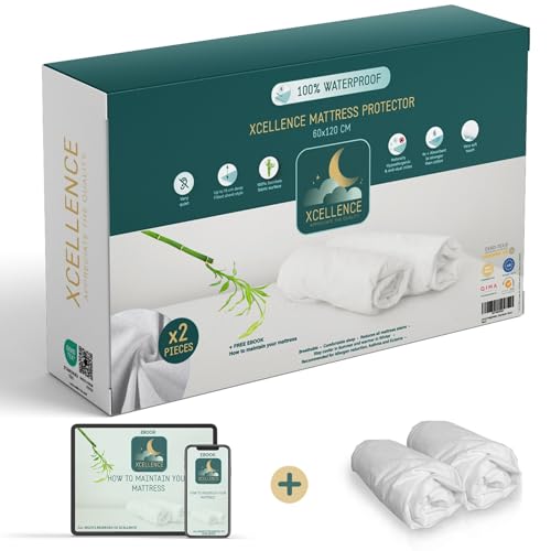 Lot de 2 Protège Matelas 60x120 cm - Alese Bébé Impermeable Silencieuse - Respirante - 100% Bambou - Hauteur 15 cm - Naturellement Anti Acarien et Anti Bacterien - Forme Drap Housse -Bonus