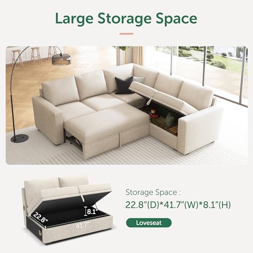 Image of HONBAY Modular Sectional Sleeper Sofa with Pull Out Bed, L Shaped Couch with Storage Seat, Convertible Sectional Couches for Living Room, Beige