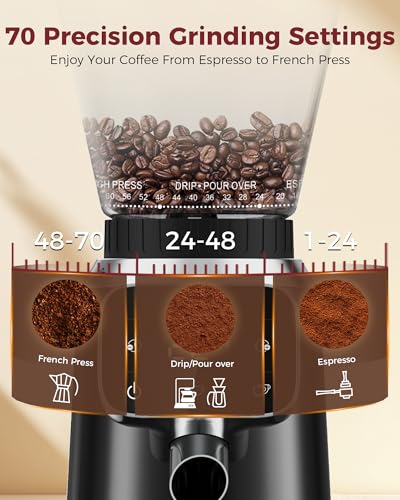 Image of Tuni G2 Conical Burr Coffee Grinder with 70 Precise Grind Settings, Anti-Static Design, Adjustable Electronic Timer & LED Touchscreen, For Espresso Drip Cold Brew French Press, Stainless Steel, Black