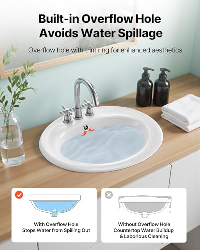 VEVOR Halbeinbauwaschbecken Handwaschbecken 485 x 425 mm ovales Aufsatzwaschbecken mit Überlauf & 3 Wasserhahnlöchern, modernes Einbauwaschbecken für kleine Räume Küchen Badezimmer Weiß