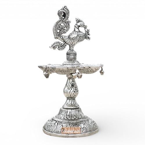 Image of Kridaykraft Metal Peacock Diya Samai Oil Lamp, Silver Finish, Traditional Indian Decor, 19 cm Height, 270 gm, Handcrafted Design