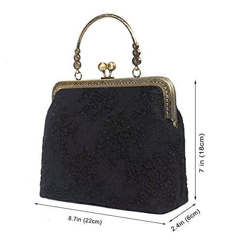 Rejolly Women Vintage Kiss Lock Evening Purse Top Handle Handbag Lace Crossbody Shoulder Clutch Bag With Chain Strap Black #TOP5