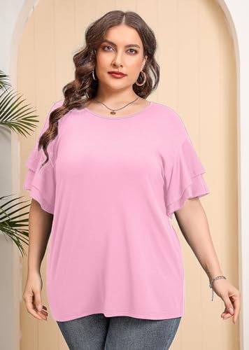 AusLook Plus Size Womens Shirts Pink 1X Tunic Double Ruffle Short Sleeve Blouses Crewneck Clothing Tee Ladies Clothes Flowy Dressy Casual Loose Fit Outfits Maternity Summer Tops — view 4