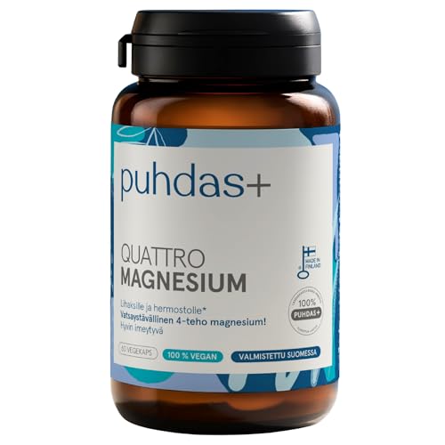 puhdas+ Quattro Magnesium | Hochdosiert | 60 vegane Kapseln | Magnesium-Komplex aus Magnesiumtaurat, Magnesiummalat, Magnesiumcitrat & Magnesiumhydroxid | Hergestellt in Finnland