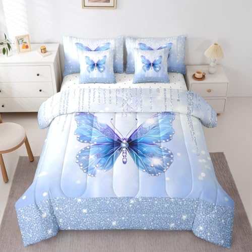 Image of Feelyou Butterfly Queen Comforter Set with Sheets for Kids Boys Girls Dreamy Princess 7 Pieces Bedding Set Glitter Bed in a Bag Watercolor Butterflies Room Decor Soft Lightweight Microfiber