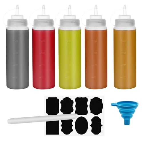 Chetexus - Botella exprimible de 12 onzas, paquete de 5 botellas de salsa exprimible de condimentos de 360 ml, dispensadores de plástico con medidas para ketchup, barbacoa, salsas, jarabe, aderezos
