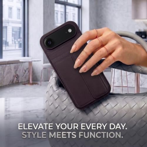 Image of amazon basics Luxury Vegan Leather Back Cover for iPhone 17 Air | Built-in Card Holder Slot | Integrated Mobile Stand | Slim Shockproof Protective Case with Stitched Finish - Purple