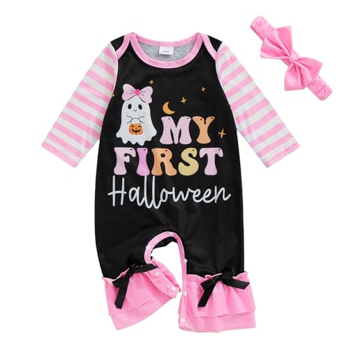 My First Halloween Baby Girl Outfit Pumpkin Onesie Long Sleeve Romper Ghost Striped Jumpsuit Fall Clothes