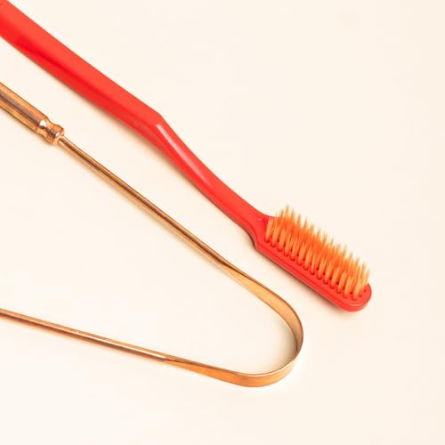 Image of Ozette Travel Kit - Includes 1 Super Soft Sensitive Toothbrush and 1 100% Copper Tongue Cleaner /Scraper with Anti-Bacterial Container, Cover, Holder - Pack of 2, Ideal for Home and Travel Use