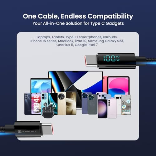 Image of Portronics Konnect View 100W Type C to Type C Cable with LED Display with 5A Max Output, Fast Data Sync, 1.2M Length, Tangle Resistance supports Laptop Charging(Black)