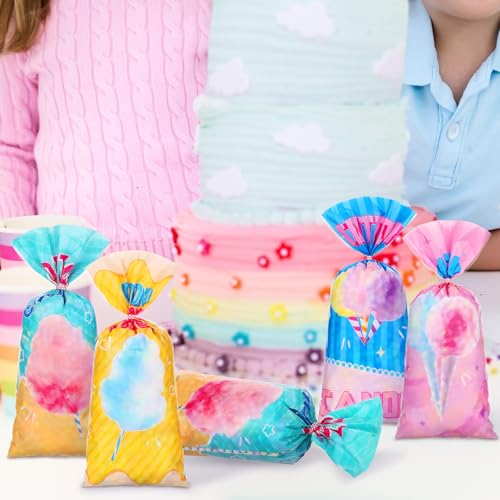 Image of Karenhi 100 Pcs Cotton Candy Bags with Ties，Carnival Birthday Party | 100 Pack Cotton Candy Treat Bags For Circus Party Favor, Twist Tie Seal, Small Snack Cones, 100 Pack