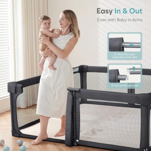 Image of Baby Playpen Portable, Pre-Assembled Play Pen 71x79 Large Foldable Playpen for Babies and Toddlers, Sturdy and Safe Toddler Play Yard Indoor Outdoor with Carry Bag, Black