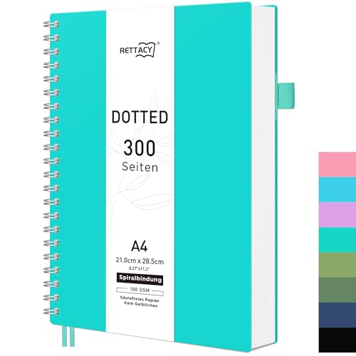 RETTACY Notizbuch A4 Dotted, Bullet Journal Spiral-Notizbuch Gepunktet mit 300 Seiten, Softcover Ringbuch 100 g/m² Dickes für Frauen Männer Arbeit Büro Schule, 14.5 x 21cm - Türkis