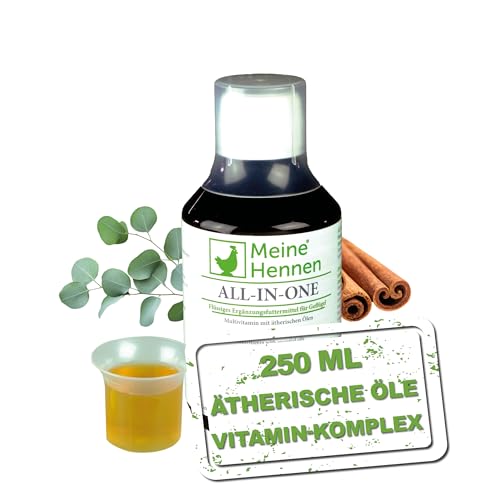 Meine Hennen All-in-One 250ml Ergänzungsfuttermittel für Hühner Wachteln & Geflügel - Premium Multivitamin mit A D3 E B-Komplex & 8 ätherischen Ölen - Support für Darm & Atemwege - Konzentrat für 50L