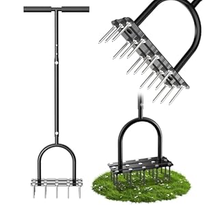 Lawn Aerator Spike Tool – Manual Grass Aerator with 15 Iron Spikes, Pre-Assembled Yard Aerator for Core Aeration, Heavy Duty T-Handle & Wide Foot Plate for Lawn Yard & Garden (Glossy Black)