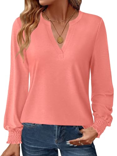 Womens Long Sleeve Shirts Fall Tops V Neck Business Dressy Casual Blouses with Smocked Cuffs