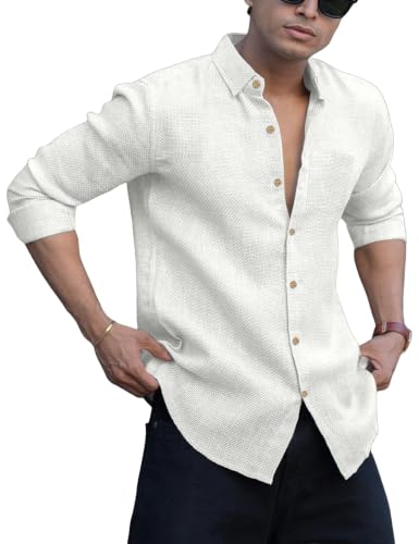 Image of NexaFlair Men's Shirt Regular Fit Solid Pattern Linen Cotton with Long Sleeve Collared Neck Standard Length and Button Down Closure Type | Mens Casual Shirts | Man's Formal Shirts