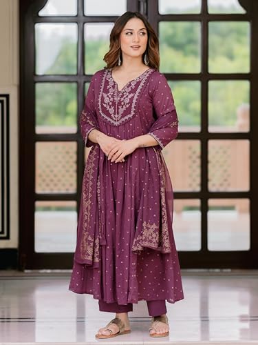 Image of Arayna Women's 100% Pure Cotton Anarkali Kurta Set with Pant & Dupatta | Embroidered Flared Kurta | Elegant Ethnic Suit