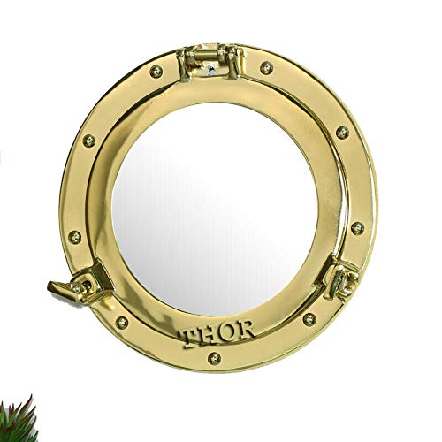 THOR INSTRUMENTS Vintage Brass Metal Porthole Style Wall Mirror Nautical Living Room Bathroom Decor 12" Rustic Vintage Home Decor Gifts