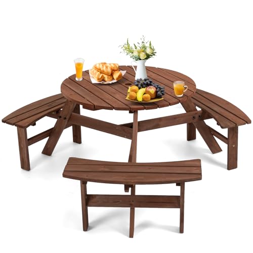 Zevemomo 6-Person Wood Picnic Table, Round Tabletop with Umbrella Hole, 3 Built-in Curved Benches, 1720LBS Total Capacity for Balcony, Garden, Brown
