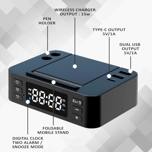 Image of REMAXX Digital Alarm Clock with 15w Wireless Charger and Pen Holder | 2 USB & 1 Type C Output, Mobile Stand, Dual Alarms, 12 /24H Time Mode, Brightness Control