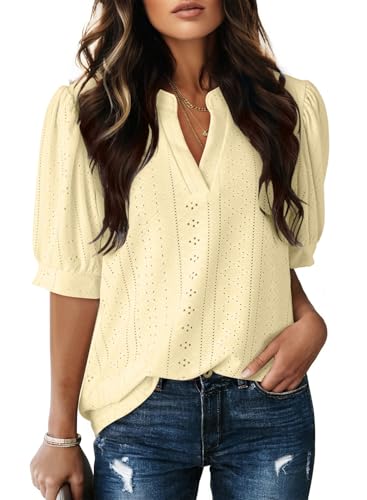 Image of Dokotoo Womens Blouses V Neck Puff Short Sleeve Business Casual Tops