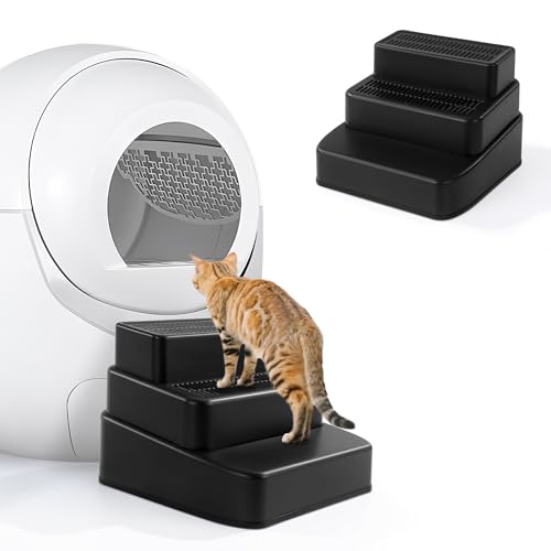 BALAPET Adjustable 3 Steps Litter Box Ramp with Filter Function Detachable Litter Trapper Non-Slip Cat Litter Stair for Small & Elderly Cats(Black)
