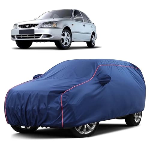 Image of Sulfar 100% Water Resistant Car Body Cover Compatible with Mirror for Hyundai Accent Viva (Triple Stitched, Full Bottom Elastic, Blue Taffeta with Red Piping)