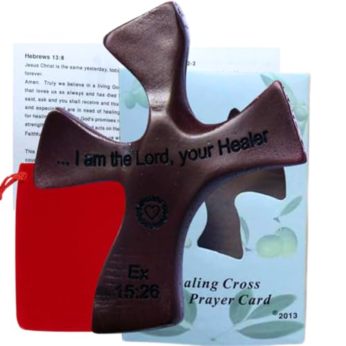 Holy Land Market Healing Palm Cross Resin – Brown Crucifix – 4.5 x 3.6 Inch Handheld Comfort Cross with Gift Box, Red Velveteen Pouch & Comfort & Healing Prayer Card – Christian Spiritual Support Gift – Healing Cross™, Handheld Design