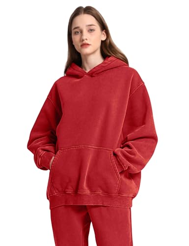 Image of FAIABLE Womens Oversized Acid Wash Hoodie Unisex Heavyweight Cotton Hoodies Fleece Vintage Washed Sweatshirt Women Men
