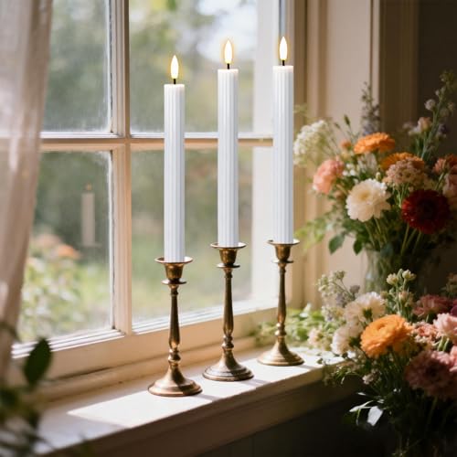 Image of White Flameless Flickering Taper Candles Battery Operated with Remote and Timer, 3D Wick Real Wax Vertical Stripe LED Candlesticks Spring Dinner Wedding Home Decor(3 Pack, 0.79 inch D x 9.8 inch H)