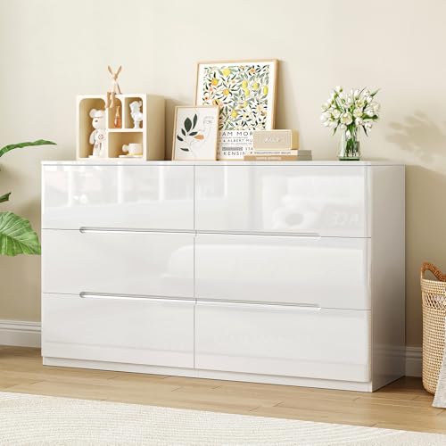 Image of White Wood Dresser, 6 Drawer Dressers for Clothes Storage for Bedroom, Modern Dresser with Wide Drawers, Wide Wooden Chest Drawers for Living Room, Entryway, TV Stand