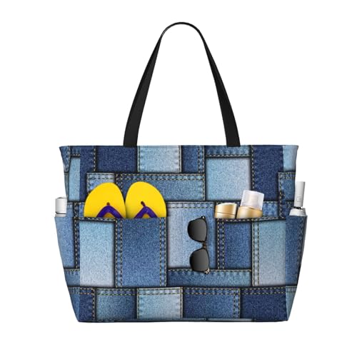 Beach Bags with Zipper for Women, Patchwork Denim Vintage Waterproof Beach Tote Pool Bags Towel Bag 7 Pockets Extra Large Gym Sandproof Tote Carry On Bag for Holiday Travel