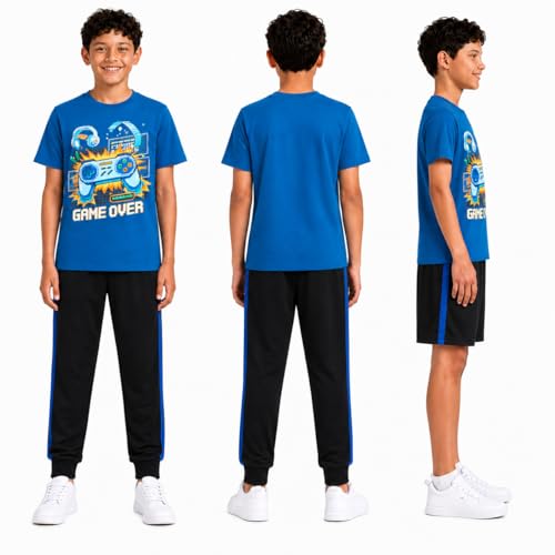 Image of Pro Athlete Boys Pants Set - 3 Piece Active Short Sleeve Graphic Tees Athletic Shorts and Jogger Sweatpants for Boys