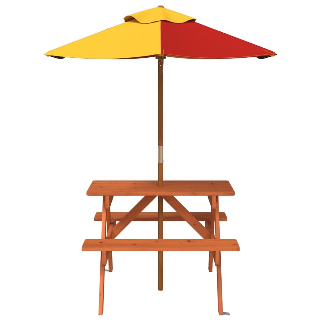 Tavolo da picnic per 4 bambini in legno di abete massiccio con ombrellone, tavolo da giardino per terrazza e balcone, tavolo da esterno stabile per cene, barbecue, feste in giardino e in