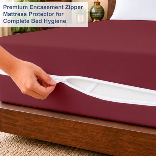 Image of ARLinen Waterproof Mattress Protector Cover Single Size with Zipper - 6 Sided Bed Bug Proof Encasement, Dustproof & Breathable Fabric, Fits 36x78x6 Inch Mattress, Maroon