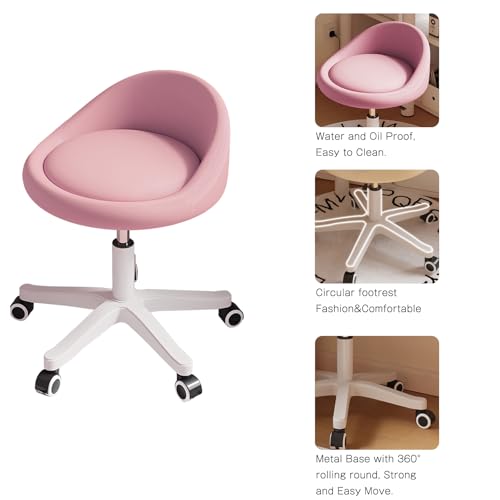 Image of Rolling Stool Chair with Backrest, Round PU Leather Adjustable Height Hydraulic Swivel Rolling Stool for Spa Salon Tattoo Massage Doctor Dental Medical Office Pink