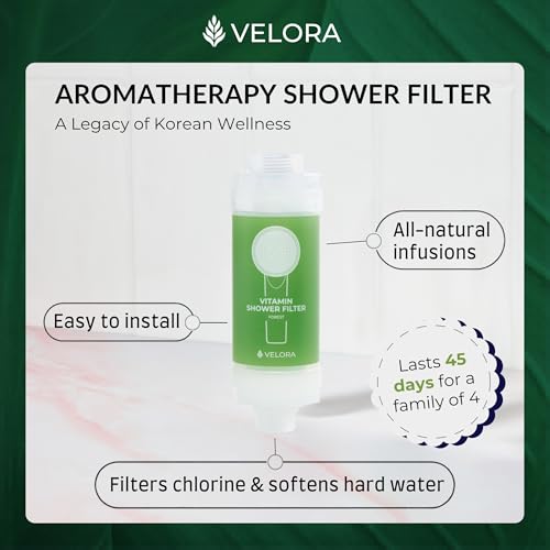 Image of VELORA Vitamin C Shower Filter and Water Softener for Hard Water - Aromatherapy Shower Head Attachment - Universal Fit, Easy to Install - Reduces Dry Itchy Skin and Nourish Hair - Forest-Scented