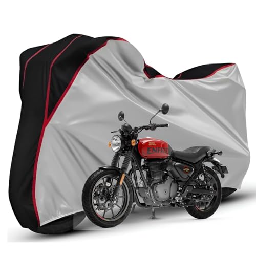 Image of Waterproof Bike Body Cover Compatible with RE Hunter 350 Dustproof Scratchproof - Motorcycle Cover for Two Wheeler, Outdoor Full Cover with UV, Duty, Rain Protection (Silver Top Black) R1