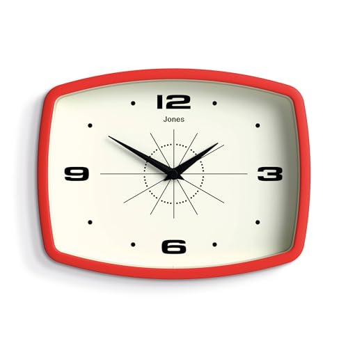 JONES CLOCKS® Movie Reloj de Pared | Reloj Retro Rectangular | 25cm | Rojo | Estilo de diseñador Moderno Genial para Cocina, Sala de Estar u Oficina