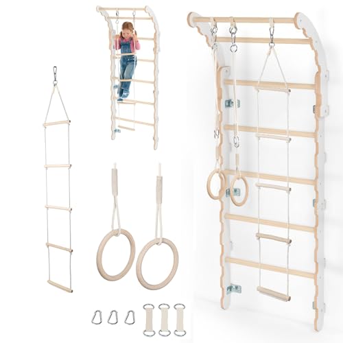 MAMOI Armazón de escalada para interiores para habitación de los niños, barra de pared (175 cm), pared de gimnasia + anillos de gimnasia + escalera de cuerda, 100% ecológico, fabricado en la UE