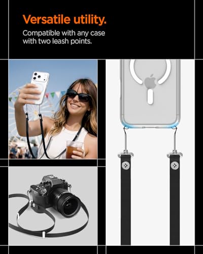 Spigen DA30L Lanyard Strap für iPhone 17 Serie, Verstellbares Band für Hals, Schulter & Crossbody mit Hybrid-Nylon & Wildleder, Magnetische sichere Verbindung – Schwarz