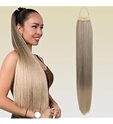 VAVANGA 28inch Long Ponytail Extension with Hair Tie, Multi Grey to Blonde Yaki Straight Ponytail...