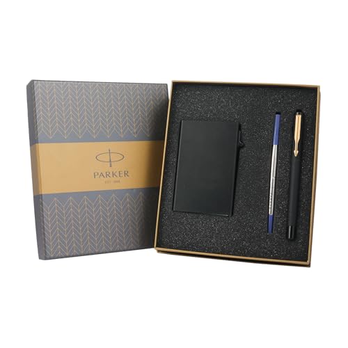 Image of Parker Vector Matte Black Gold Trim Roller Ball Pen and Card Holder, Blue Ink, Medium Point - Gift Set for Professionals, Executives, and Students