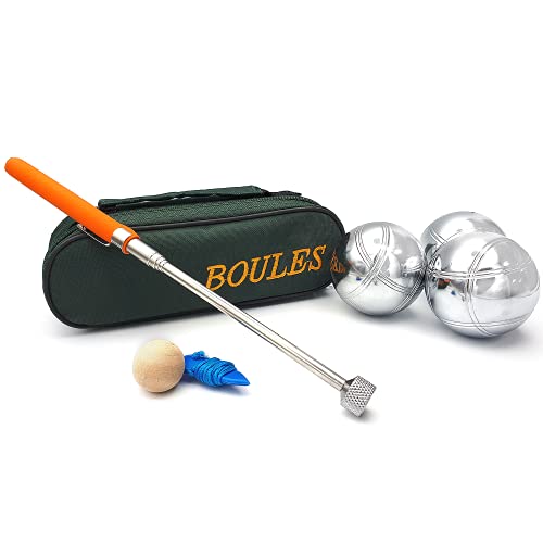 EUROXANTY Boules | 3 Bocciakugeln aus chromiertem Stahl | Pétanque-Set mit Etui und Kugelaufsammler | metallisches Boule-Spiel