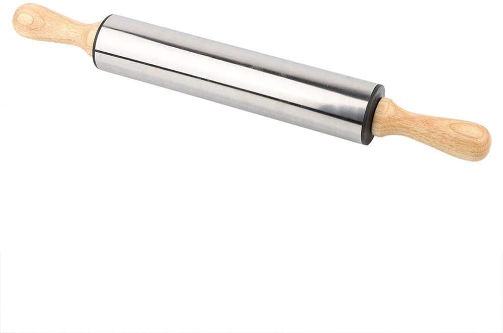 Teigroller aus Edelstahl mit Holzgriff zum Backen von Brot, Keksen, Kuchenkruste, Gebäckteig – perfektes Küchenwerkzeug für Hobbybäcker