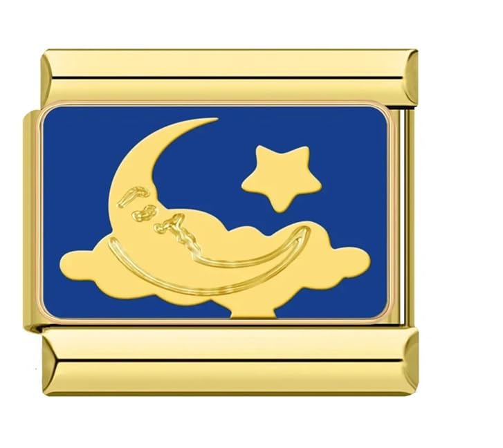 Goodnight Moon - Abalorio de pulsera de acero inoxidable italiano de 9 mm con diseño de estrella y nube de oro de 18 quilates, compatible con Nomination