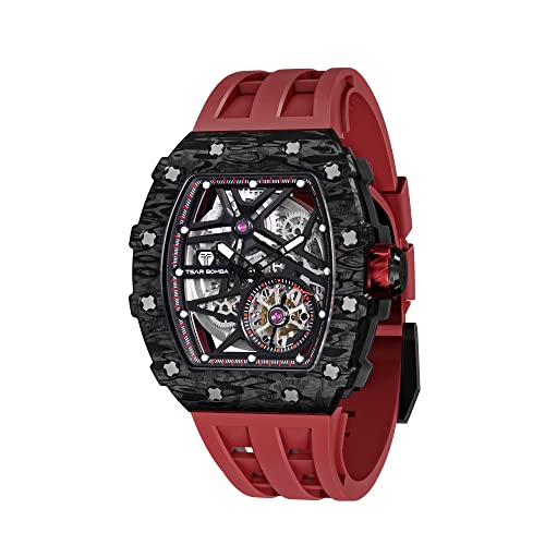 Image of Tsar Bomba Men's Tonneau Luxury Automatic Watch - Skeleton Dial, Carbon Fiber Bezel, Red Silicone Strap, 50M Water Resistant, Watch for Men - TB8209CF-32