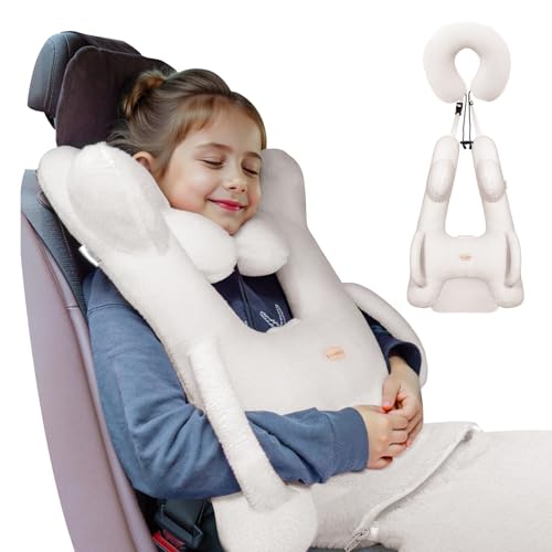 Image of FLORICH Kids Travel Pillow, Car Sleeping Travel Pillow for Kids, Removable H-Shaped Pillow for Adults and Children to Support Head and Body Road Trips with Neck Pillow and Blanket (Beige White)