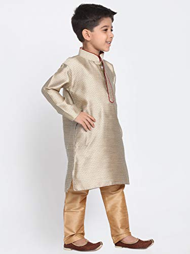 Image of JBN Creation Boys' Full Sleeve Silk Blend Kurta Pyjama Set with Mandarin Collar, Featuring Ethnic Motifs, Self-Design, and Embellishments - Perfect for Festivals and Special Occasions